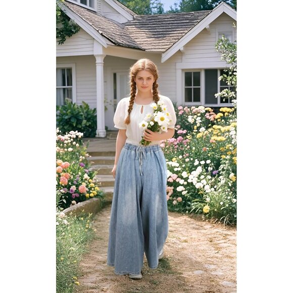 Women's Plus Size Baggy Denim Jeans Wide Leg Elastic Waist Pockets Casual - Picture 5 of 7